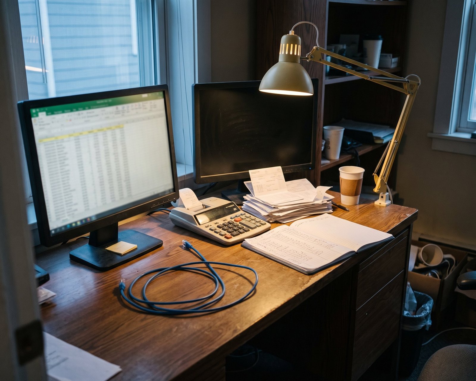 A mesa do dono de uma empresa ao amanhecer: dois monitores, calculadora, boletos e um cabo de rede solto