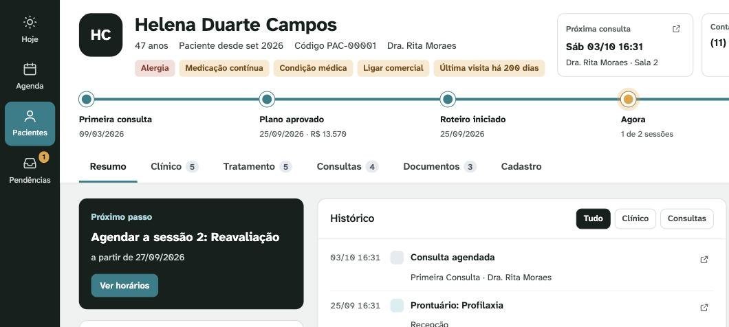 Ficha da paciente no AvantiCore Odonto: linha do tempo do tratamento, próximo passo, histórico e plano